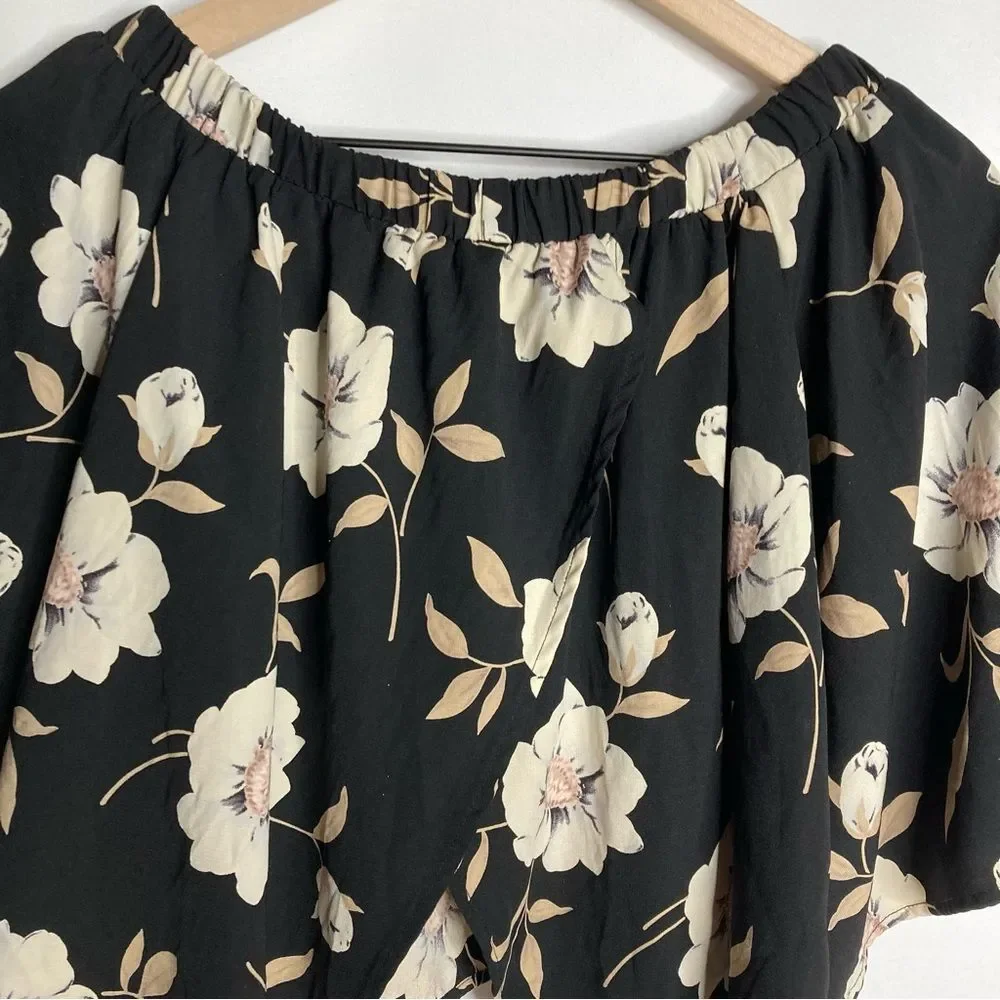 Lulus Cropped Cropped Cape Draped Blouse Size Small Black Tan Floral Split Back